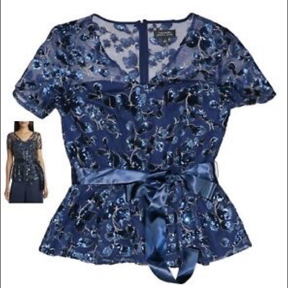 Tahari Arthur S. Levine NWT! Navy/Gold Floral Embroidery Sequins Blouse Size L - Picture 3 of 17